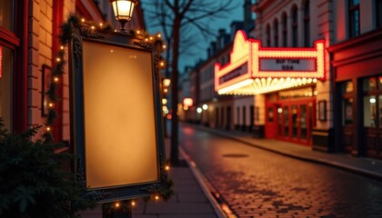 Night street scene with empty signboard and illuminated theater marquee  