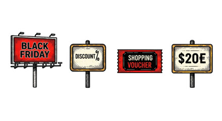 Collection of Promotional Signs for Sales and Discounts.