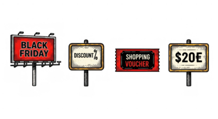Collection of Promotional Signs for Sales and Discounts.