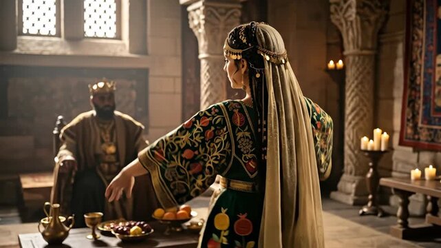 Woman Salome dancing before a King Herod in ancient palace for biblical story, biblical dance drama footage.
