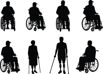 Silhouettes of disabled people, wheelchair users, prosthetic legs, crutches, accessibility, mobility aid, inclusive design, vector illustration, disability awareness, posture