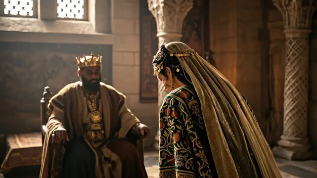 Queen Esther approaching king Ahasuerus' throne to intercede for her people, a biblical story footage