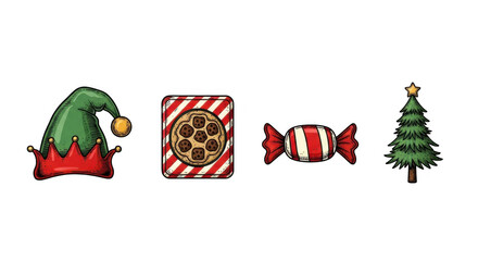 Fototapeta premium Christmas Holiday Festive Collection with Elf Hat Cookies Candy and Tree.