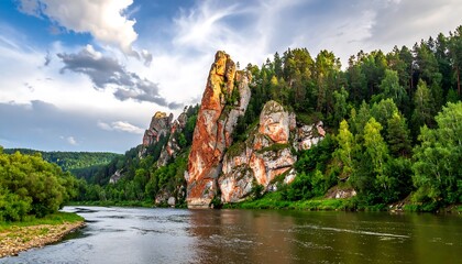 A scenic vista showcases a river winding between rocky cliffs and lush greenery under a cloudy sky. The landscape is vibrant