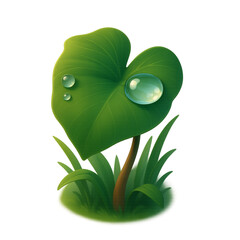 Heart of Nature: Glossy Green Leaf with Dewdrops and Grass Base in Whimsical Style