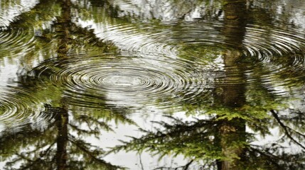 Obraz premium Serene reflection of trees in calm water with circular ripples
