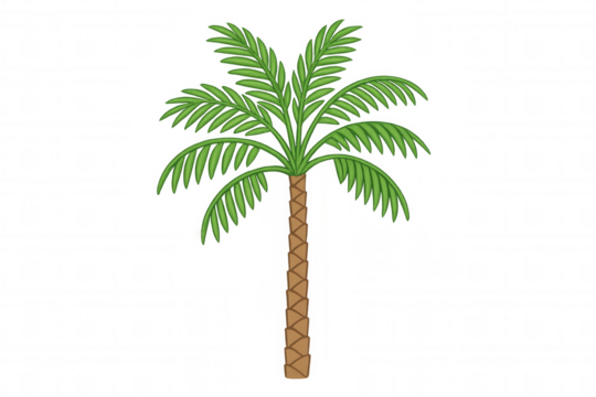 Cartoon palm tree graphic with green fronds and brown trunk, representing tropical nature. Transparent background