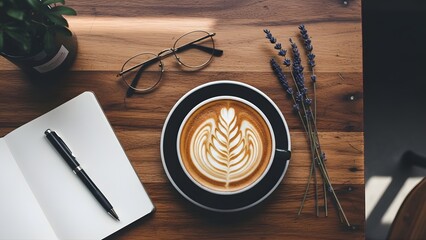 A steaming cup of latte with heart-shaped foam sits on a wooden table beside a notebook, pen, and eyeglasses in a cozy coffee shop atmosphere