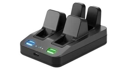 Black plastic charger with smooth surface has LED lights for product photography.