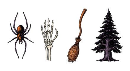 Halloween themed collection of spider skeleton hand broom and tree.