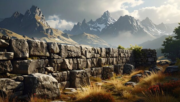 A scenic vista showcases a textured stone wall in the foreground with majestic, snow-capped mountains under a cloudy sky - Powered by Adobe