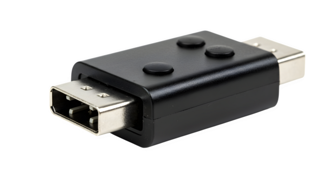 Black converter adapter, detailed close-up shows textures, clean surface, product display, technical illustrations.