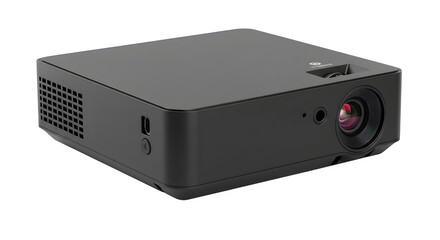 Black projector boasts sleek, modern design on a black backdrop. Perfect for product photography, tech blog headers, and presentation templates.