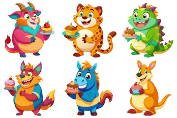 Naklejka premium Set of funny chubby animal cartoon characters holding sweets: Horse, Ibex, Iguana, Jackal, Jaguar, Kangaroo
