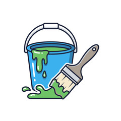 Vibrant green paint drips from a classic blue bucket, paired with a paint-laden brush, an iconic representation of creative projects, home renovation, and essential DIY artistic tools