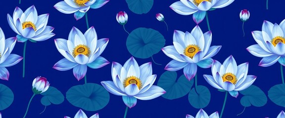 Seamless vector pattern of blue lotus flowers on deep blue background , vector, background