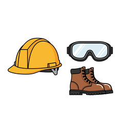 Comprehensive Personal Protective Equipment Kit for Industrial and Construction Site Safety Featuring a Yellow Hard Hat, Protective Goggles, and Durable Work Boots, Essential for Worker Security