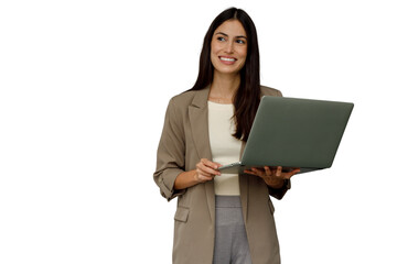 Fototapeta premium Professional businesswoman holding laptop, smiling and looking up, planning strategy for future success with transparency