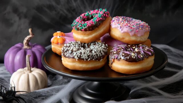 Colorful Halloween donut tower with monster faces and spiderweb decor, great for food stock imagery.