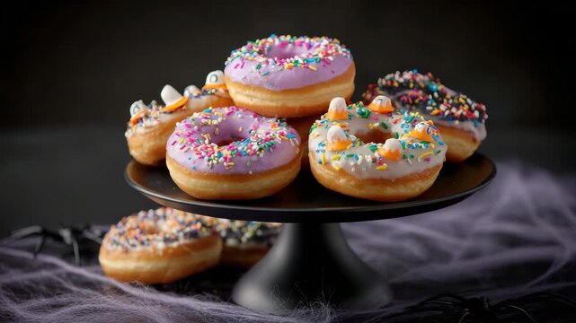 Halloween donuts stacked with spooky icing and candy details on a black stand, ideal for bakery-themed seasonal content.