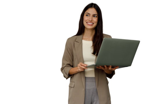 Professional businesswoman holding laptop, smiling and looking up, planning strategy for future success with transparency