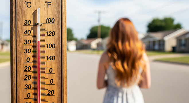 Thermometer showing extreme heat with a woman walking down the street in the background on a hot summer day with clear blue sky - Powered by Adobe