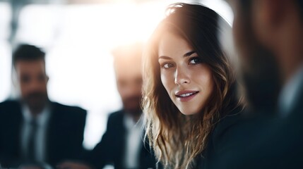 A professional businesswoman intently listening during a corporate meeting with blurred colleagues in a bright office setting