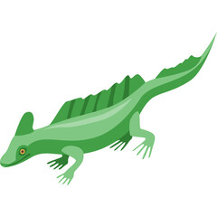 Green pixel art lizard with sail-like dorsal fin and orange eye isolated on a white background