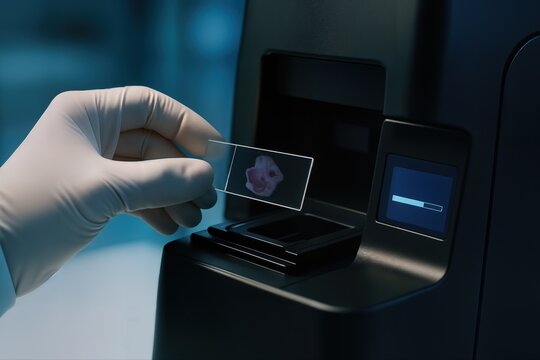 Slide Scanning Process With Gloved Hand Positioning A Sample Into A High Tech Scanner In A Laboratory Setting Under Controlled Lighting