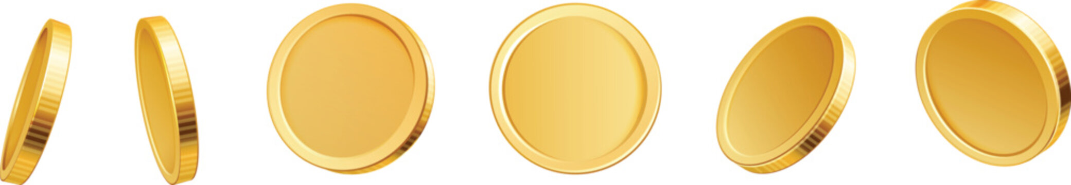 A 3D rendered set of a spinning gold coin showing different rotation frames, a realistic isolated financial for animation or design projects