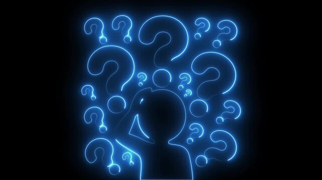 Abstract glowing neon lines confused Man character surrounded by many question marks pondering a difficult problem
