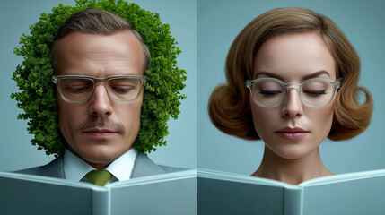 Surreales Paar liest Bücher mit Pflanzen als Haaren in minimalistischer Komposition