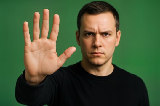 Man Raising Hand in Stop Gesture Against Green Background Indoors Featuring Serious Expression and Closeup Framing With Shallow Depth of Field