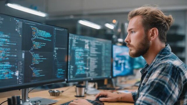 A programmer sits at a desk with multiple monitors displaying code, coding in a tech office.