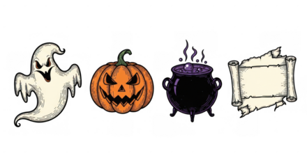 Halloween themed spooky objects including ghost pumpkin cauldron and scroll.