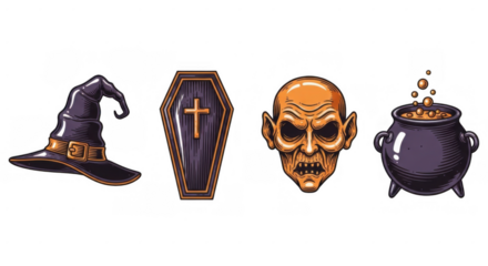 Halloween themed objects including witch hat coffin skull and cauldron.