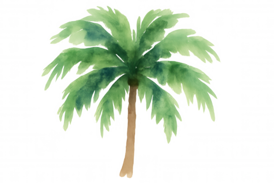 Coconut palm tree watercolor painting illustrating tropical summer vacation and travel on transparent background