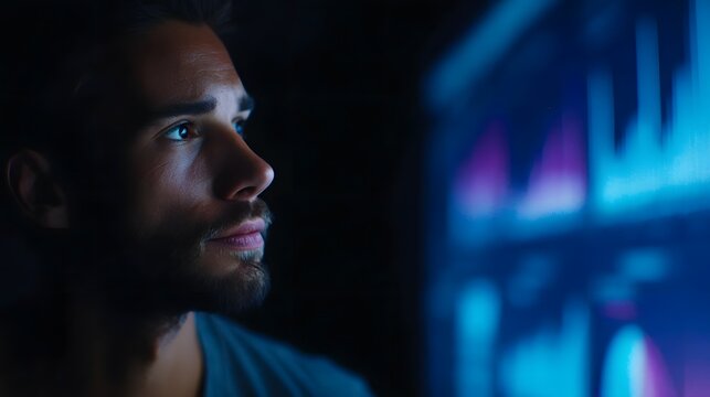 A man in profile gazes intently at a bright glowing digital screen displaying complex data charts and graphs in a dark room symbolizing focus on