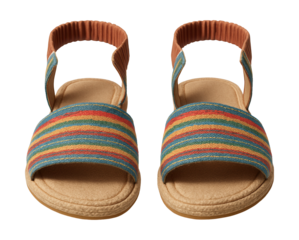 Striped fabric sandals with elastic ankle strap and flat sole.