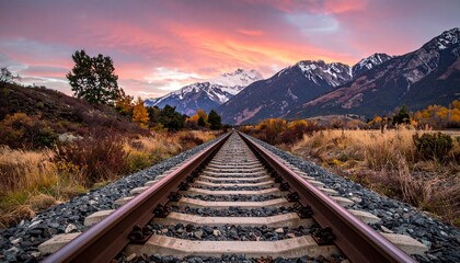 Fototapeta premium 夕暮れの光に包まれるまっすぐな線路