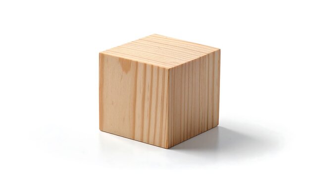 A simple wooden cube sits on a white surface. The cube has a natural wood grain and casts a small shadow
