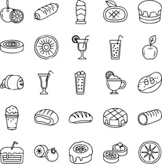 Black and white line drawing of assorted food and drink items arranged in a grid