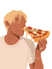 3d rendered illustration of a person eating pizza isolated on transparent background