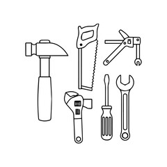 Line art shows hammer saw pliers wrench screwdriver tools arranged