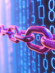 Digital chain link representing blockchain technology, illuminated vibrant colors, symbolizing security and connectivity digital transactions