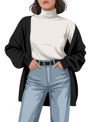 3d rendered illustration of a woman in a turtleneck cardigan and jeans isolated on transparent background