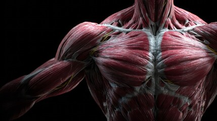 Detailed 3D rendering of the upper human body’s musculature, highlighting the intricate arrangement of muscle fibers, tendons, and connective tissue, revealing anatomical features.