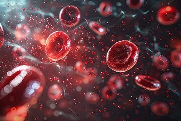 Red blood cells surrounding a single white blood cell under microscope view.