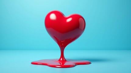 Vibrant Glossy Red Heart Melting and Dripping on a Blue Background
