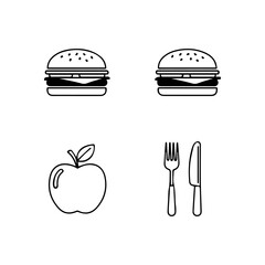 Two burgers an apple fork and knife are arranged in a grid layout on a white background